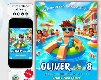 Pool Party Invitation | Pool Party Birthday Boy | Swimming Party | Building Blocks Invitation | Gamer Birthday Kid | Video Game Party Invite
