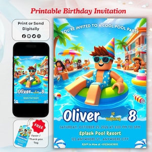 May include: A printable birthday invitation with a pool party theme. The invitation features a cartoon character in a pool, the name "Oliver", and the number "8". Includes a matching "Thank You" tag and a digital phone display.
