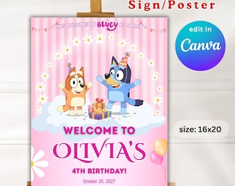 Pink Blue Dog Girl Birthday Welcome Sign, Editable Printable Party Poster, Bluey Theme