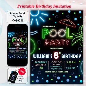 Pool Party Invitation, Boy Pool Party Birthday Invitation, Birthday Boy Invite, Neon Glow  Invite, Editable, Swimming Party, Animated Invite