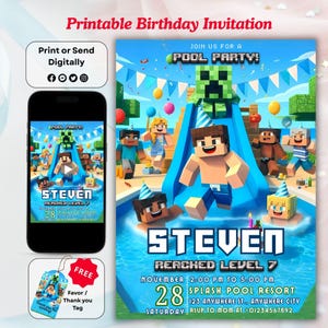 Minecrafter Birthday Invitation: Pool Party, Gamer Theme (Digital Template, Canva Editable)