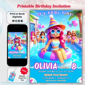 May include: Printable birthday invitation featuring a cartoon girl in a pool with a pink and blue inflatable ring. The text reads "It's Pool Time!" and "Olivia is turning 8". The invitation includes the date, time, location, and RSVP information.