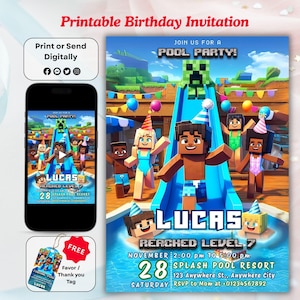 Minecrafter Pool Party Invitation: Gamer Birthday (Digital Template)
