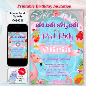 Splish Splash Birthday Invitation, Splish Splash Pool Party, Pool Party Invitation, Girl Summer Birthday, Flamingo Birthday, Pool Party