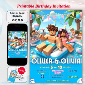 May include: A printable birthday invitation featuring a pool party theme. The invitation includes the names "Oliver & Olivia", event details, and a graphic of two cartoon characters in a pool. The invitation is available to print or send digitally.