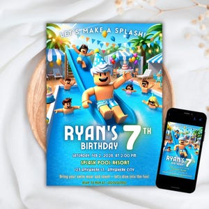 May include: A birthday party invitation with a pool theme. The invitation features a cartoon illustration of a pool party with the text "LET'S MAKE A SPLASH!" and "RYAN'S 7TH BIRTHDAY". A smartphone displays the same image.