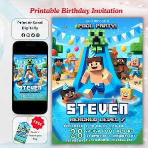 Minecrafter Geburtstagseinladung, Pool-Party Einladung, Minecrafter Geburtstag, Minecrafter Party einladen, Gamer Einladung, Digitale Vorlage