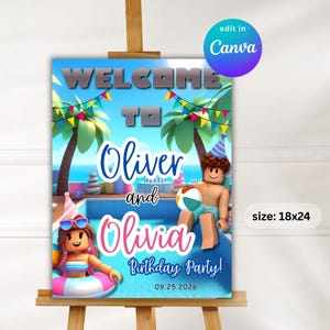 May include: A welcome sign for a birthday party, featuring the text "Welcome to Oliver and Olivia Birthday Party!" with the date 09.25.2026. The sign is 18x24 inches and includes cartoon characters near a pool with palm trees and colorful decorations.