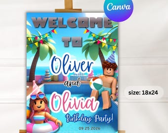 Gamer Pool Party Welcome Sign: Joint Sibling Birthday (Printable Editable Template)