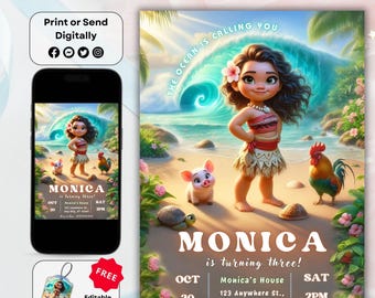 Faire-part d'anniversaire Moana hawaïen : fête à thème pour enfants, faire-part d'anniversaire numérique