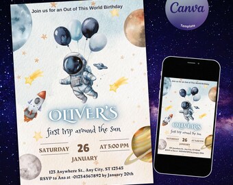 May include: A blue and white astronaut with a red rocket ship, planets, and stars on a watercolor background. The text "Oliver's first trip around the sun" is written in brown text. The invitation is for a birthday party on Saturday, January 26th at 3:00 PM.