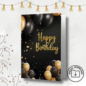 Carte d'anniversaire noir et or | Carte de voeux pliable à faire soi-même | Carte d'anniversaire imprimable pour lui | Téléchargement instantané