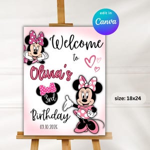 Minnie Maus Willkommensschild, Mausohren Geburtstagsposter, Partygeschenke, Canva Template