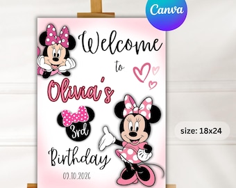 MinnieMouse Birthday Party, Welcome Sign Birthday Party, Mouse Ears Birthday, Welcome Poster, Mouse Party, Party Supplies, Canva Template