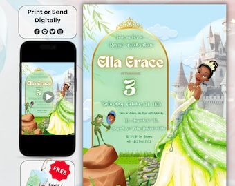 Princess Tiana Party, Birthday Card For Her, Birthday Invitation, Princess and The Frog, Digital Birthday Invitations, Birthday Bundle