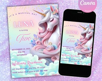 May include: A pink and blue unicorn birthday invitation with a sparkly background. The invitation says "It's a magical day Luna is turning two" and includes the date, time, and location of the party. RSVP information is also included.