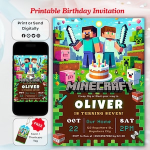 Minecrafter Birthday Invitation: Gamer Party Invite (Digital Download Editable Template)