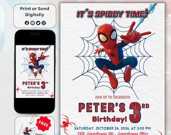 Invitación de cumpleaños de Spidey, temática de héroe rojo y azul (digital)