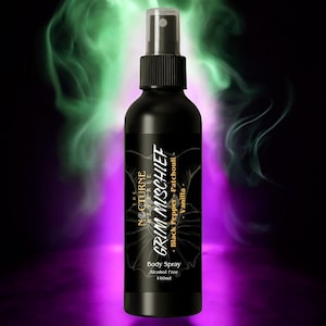 May include: A black body spray bottle with a spray nozzle. The label reads "Grim Mischief" with "Black Pepper, Patchouli, Vanilla" as ingredients. The background features green and purple smoke.