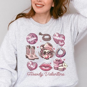 ハウディバレンタイン、おもしろい、トレンディなバレンタイン、ハートの日、レトロ、ウエスタンバレンタイン、カウガールセーター、グラフィックシャツ、ラウンジ、ホームボディスウェットシャツ