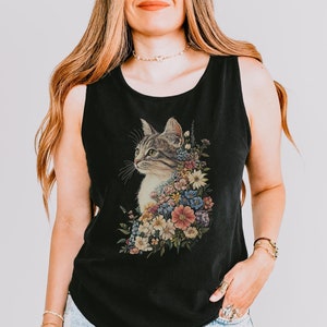 Vintage Cat Tank Top, Floral Cottagecore Shirt, Cat Lover Gift for Fur Parents, Cute Cat Mom Tank, Summer Top, Yoga Top, Gym, Workout Shirt