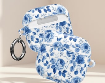 Blue Rose Airpod Case, Grandmillennial Earbud Cover, Vintage Floral Tech, PC Shell
