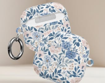 Blue Floral Airpod Case, Blush Pink Earbud Cover, Botanical Tech Accessory, PC Shell