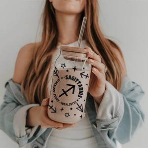 Sagittarius Zodiac Sign 16oz, Stylish astrological drinkware, Horoscope inspired glass cup for beverages, Astrology gift for Sagittarius.