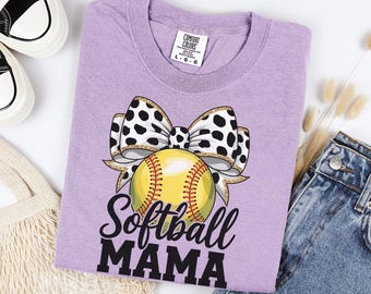 Softball Mama Shirt, Polka Dot Bow Graphic Tee, Sports Mom Oversized Cotton Top
