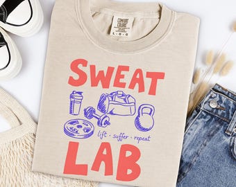 Sweat Lab Gym Shirt Retro Fitness Tee Oversized Cotton Vintage Wash Graphic Top