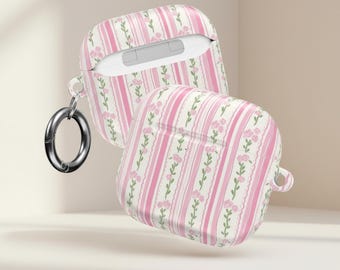 Pink Floral Airpod Case, Stripe Earbud Cover, Coquette Tech Accessory, PC Headphone Shell