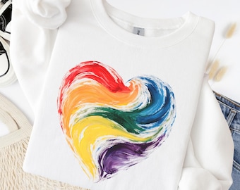 Rainbow Brushstroke Heart Sweatshirt Pride Colors Crewneck Oversized Cotton Vintage Wash Graphic Pullover