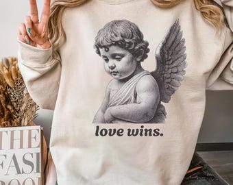 Vintage Cherub Sweatshirt, Renaissance Angel Love Wins Crewneck, Dark Academia Art Gift