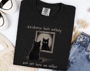 Dark Humor Cat Shirt Funny Existential Dread Tee Oversized Cotton Graphic Pet Top