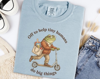 Chemise enseignante petits humains, t-shirt enseignant grenouille mignonne, haut en coton surdimensionné, cadeau scolaire