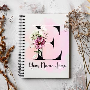 Nome do alfabeto personalizado com letra E, caderno espiral, diário, viagem, kawaii, anotações do escritório escolar, composição, planejador, presente personalizado