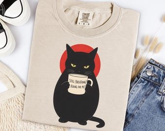 Still Breathing Black Cat Shirt Funny Coffee Tee Oversized Cotton Graphic Pet Top