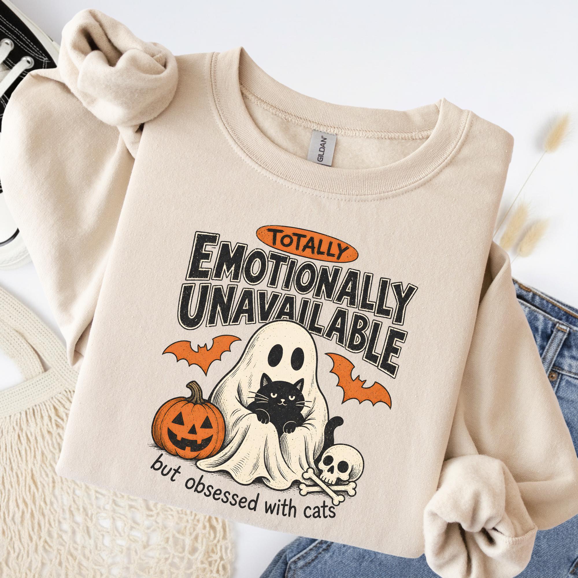 Halloween Cat Sweatshirt Totally Emotionally Unavailable Ghost Black Cat Spooky Season Crewneck Gift