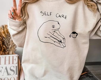 Funny Frog Self Care Sweatshirt, Retro Cottagecore Hoodie
