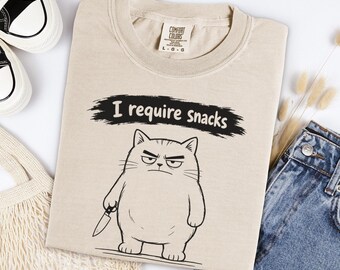 I Require Snacks Cat Shirt Funny Grumpy Kitty Tee Oversized Cotton Graphic Pet Top