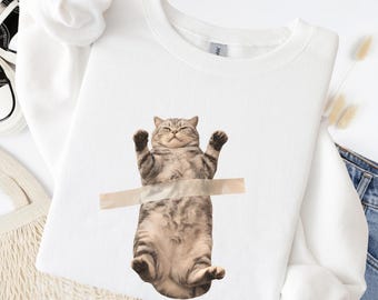 Funny Tabby Cat Sweatshirt Stuck on Tape Graphic Crewneck Gift for Cat Lovers