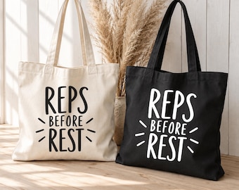 Reps Before Rest Gym Tote, Fitness Lover Gift, Weightlifting Workout Bag, Reusable Exercise Shopper