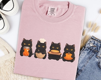 Autumn Baking Black Cat Shirt Cozy Fall Tee Oversized Cotton Kitchen Graphic Top