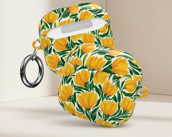 Yellow Floral Airpod Case, Painted Tulip Earbud Cover, Spring Botanical Accessory, PC Shell