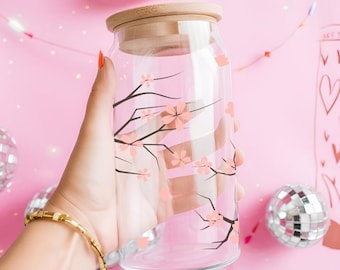 Sakura Sipper Glass Tumbler, Floral Design, 16oz