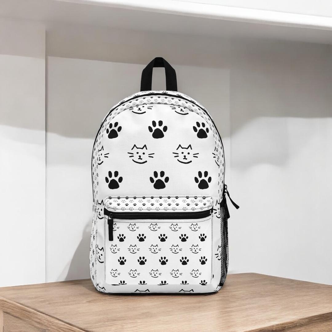Cat Paw Print Backpack, Black and White School Bag  display picture 1