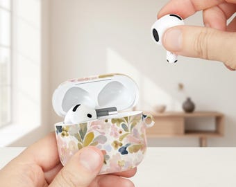 Pastel Floral Airpod Case, Watercolor Botanical Earbud Cover, Spring Flower Tech Gift, PC Shell