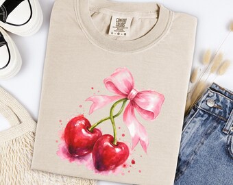 Cherry Bow Coquette Shirt Soft Girl Tee Oversized Cotton Vintage Wash Graphic Top