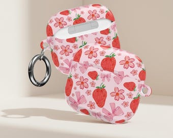 Pink Strawberry Airpod Case, Coquette Bow Earbud Cover, Floral Fruit Accessory, PC Shell