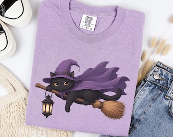 Flying Black Cat Shirt Spooky Halloween Tee Oversized Cotton Vintage Wash Graphic Top